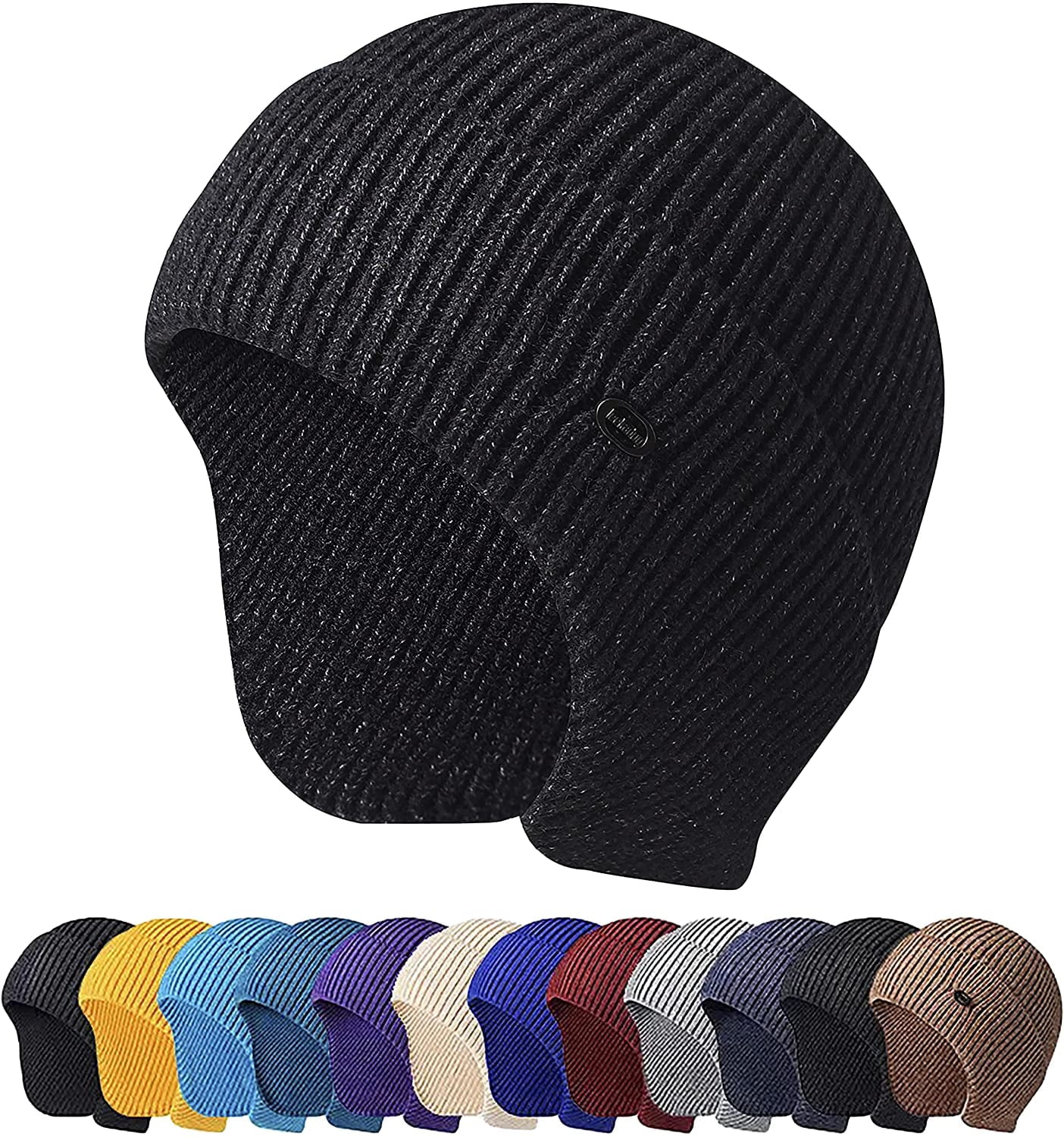 Men Women Knit Hat Winter Warm Stretch Beanie Ear Flaps Cap Outdoor Work Ski Skull Cap (Camel)