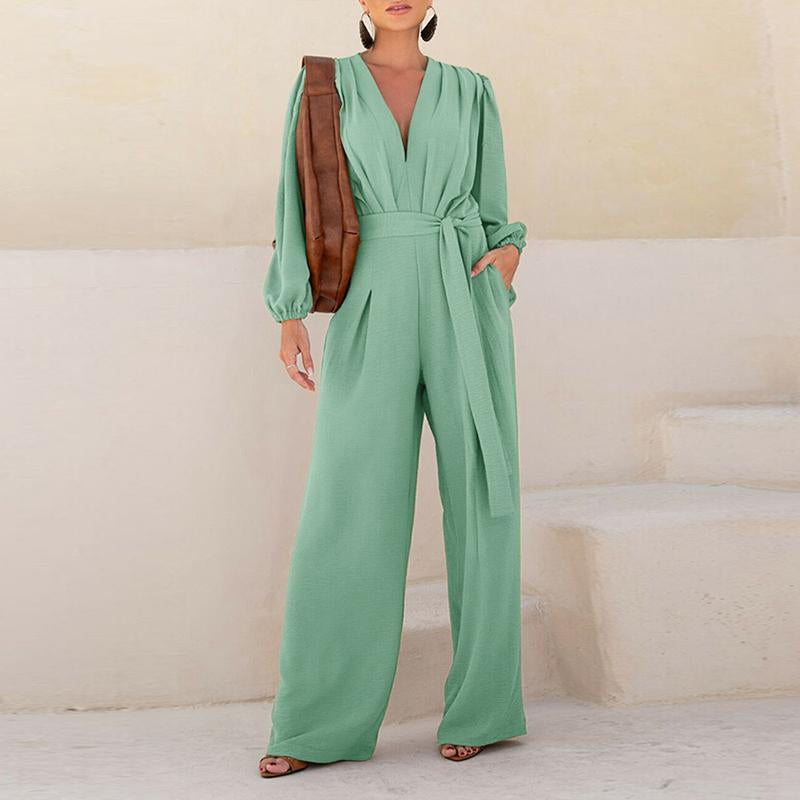 CHICME Puff Sleeve Plunge V Neck Waist Tied Detai Jumpsuit Casual Ruched Textured Loose Romper with Pockets