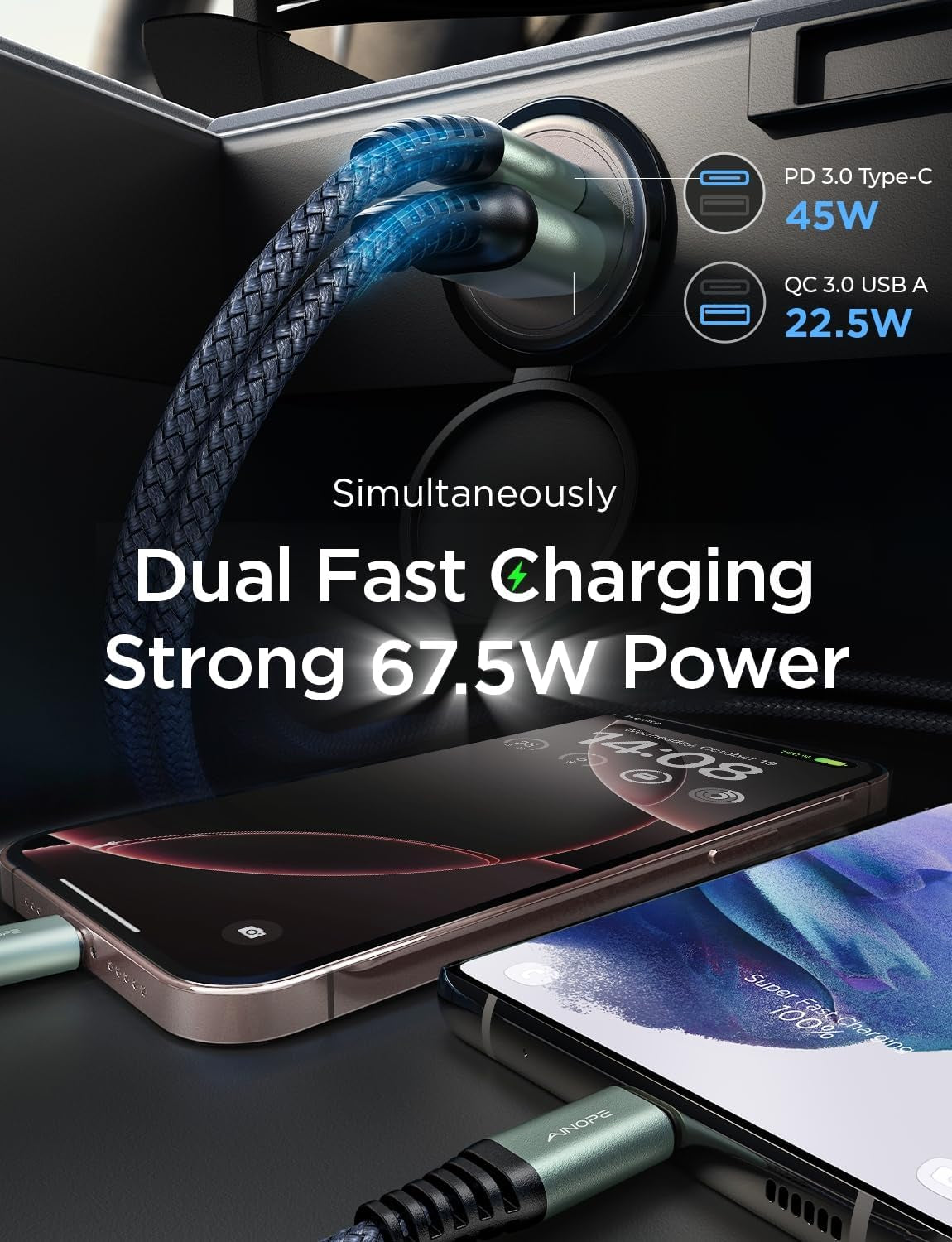 67.5W Car Charger USB C Fast Charging Iphone 16 15 Pro Max Air, PD 45W All Metal Dual Port Cigarette Lighter Adapter for 17 Pro Max Iphone 16 15 Air Pixel 10, Samsung Galaxy S25 Android, Black