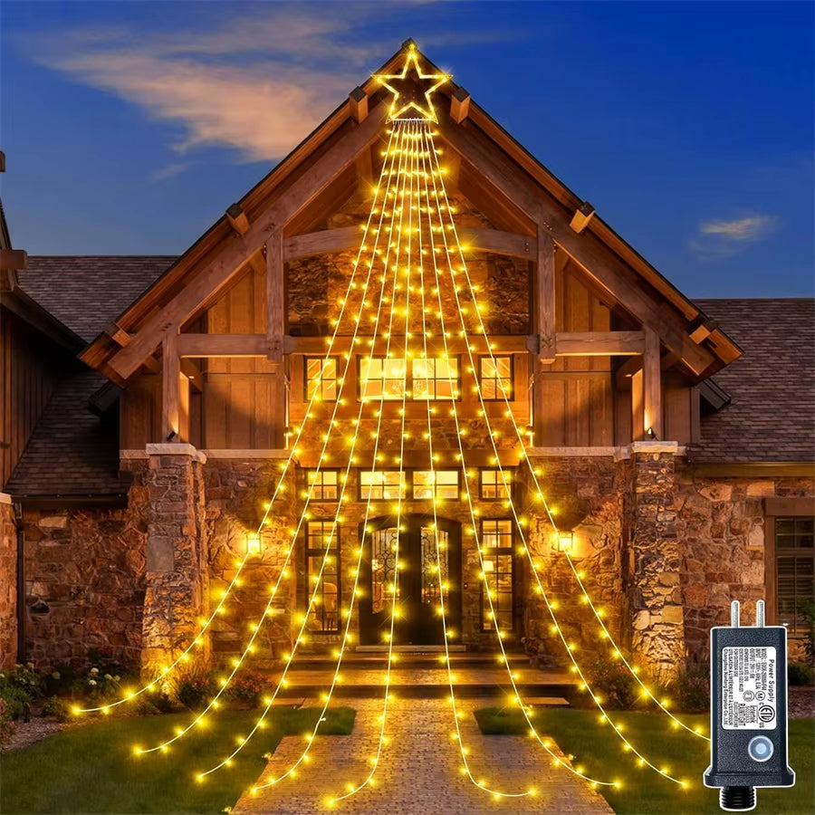 9X3.5M Christmas Decorations Star String Lights 350 LED Waterfall Tree Lights with Topper Star for Holiday Wedding Outdoor Decor
