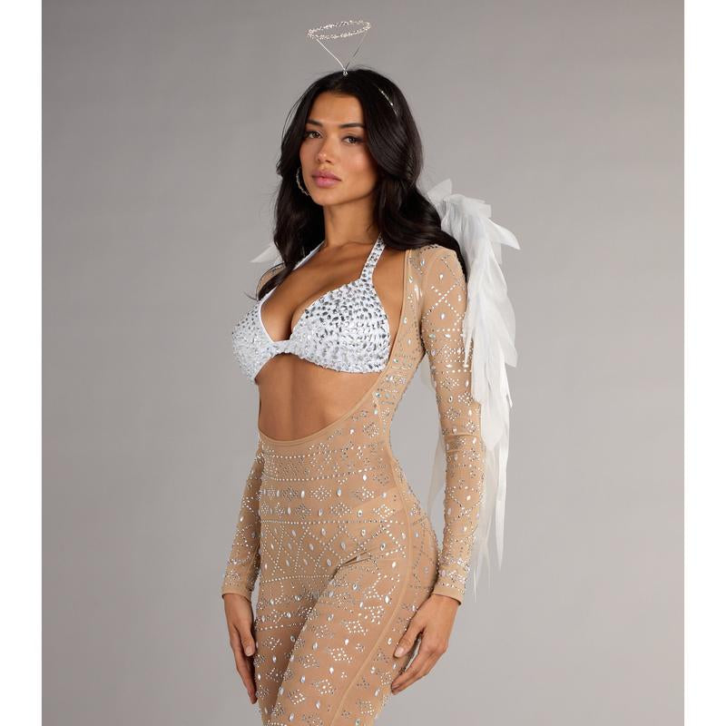 Iridescent Sparkle Rhinestone-Embellished Sheer Catsuit