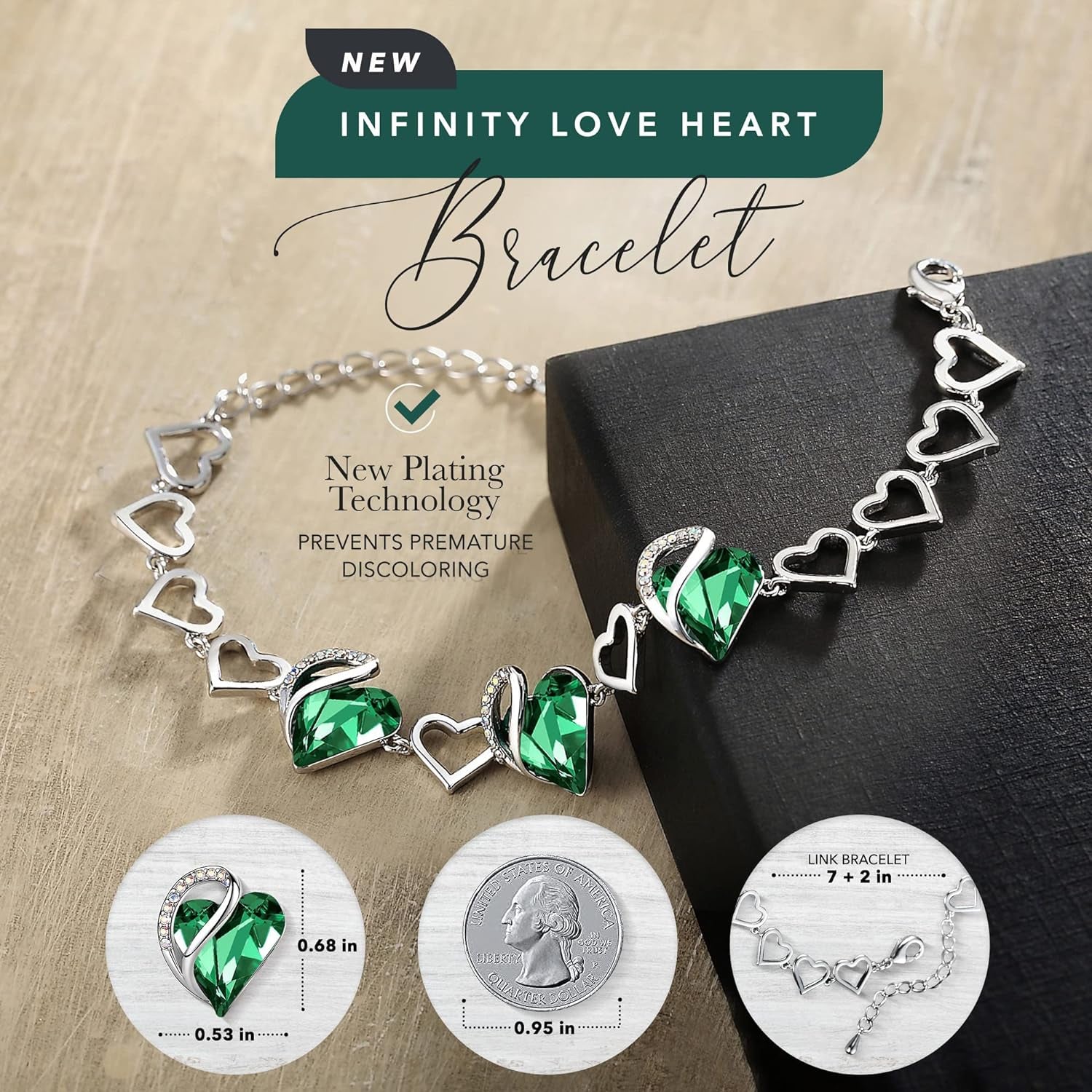 Infinity Love Heart Link Bracelets, Birthstone or Healing Stone Crystal Bracelet for Women, Silver Tone Jewellery Gifts for Her, 7-Inch Chain and 2-Inch Extender