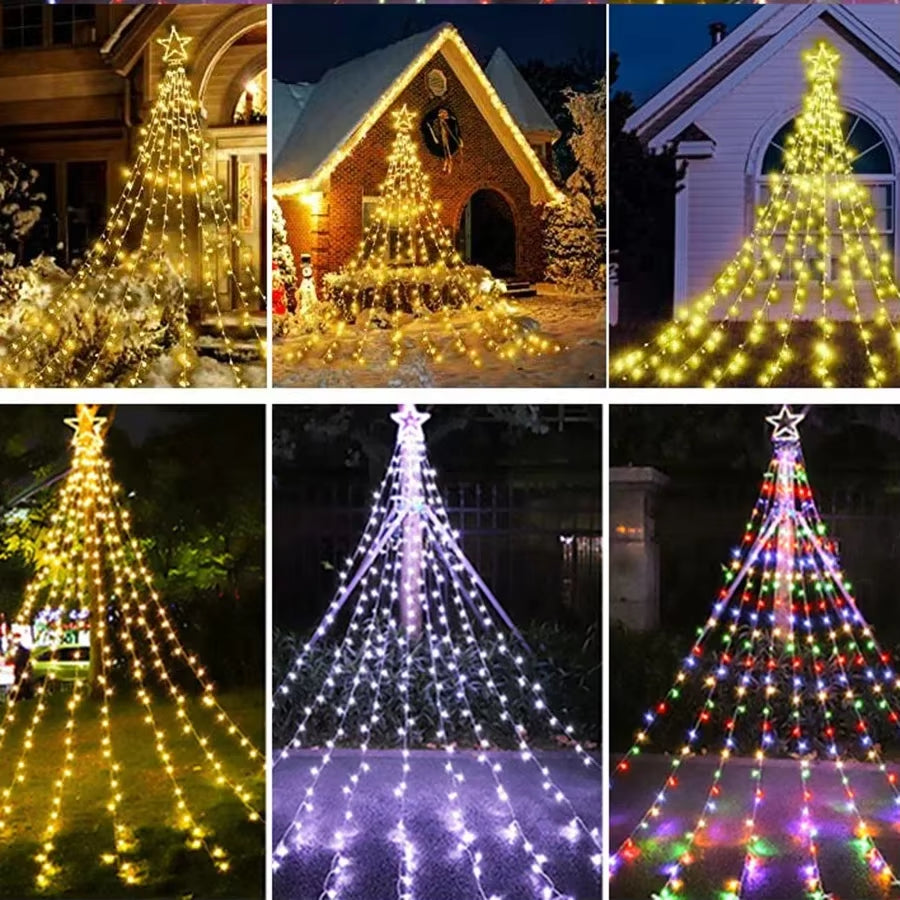 9X3.5M Christmas Decorations Star String Lights 350 LED Waterfall Tree Lights with Topper Star for Holiday Wedding Outdoor Decor