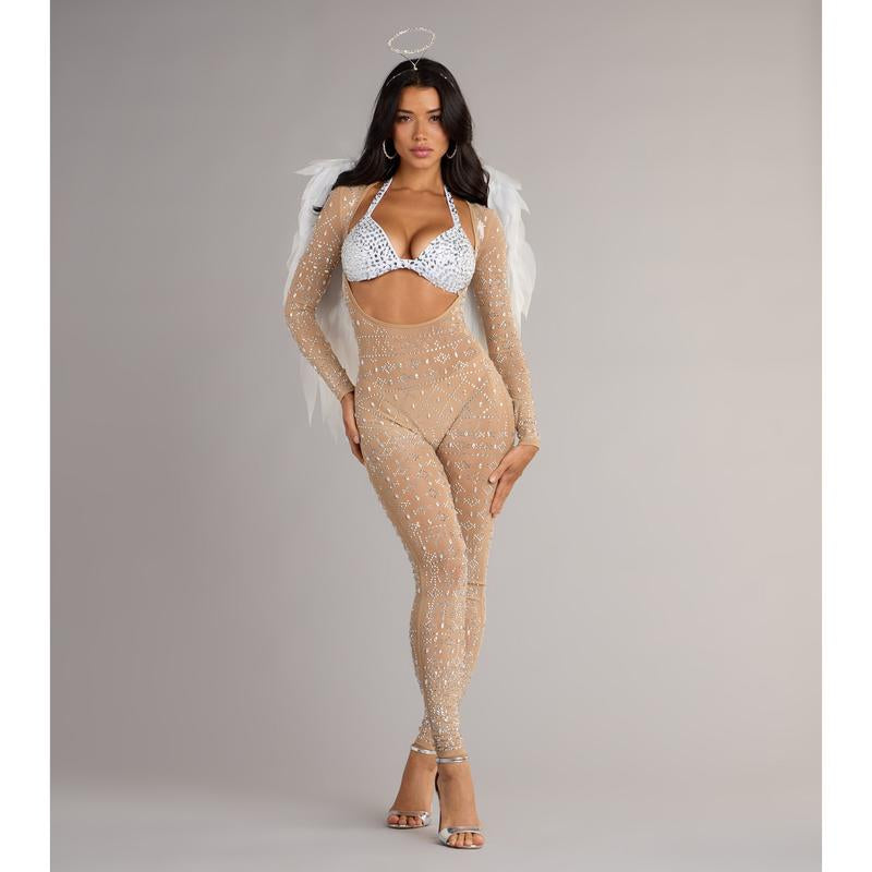 Iridescent Sparkle Rhinestone-Embellished Sheer Catsuit