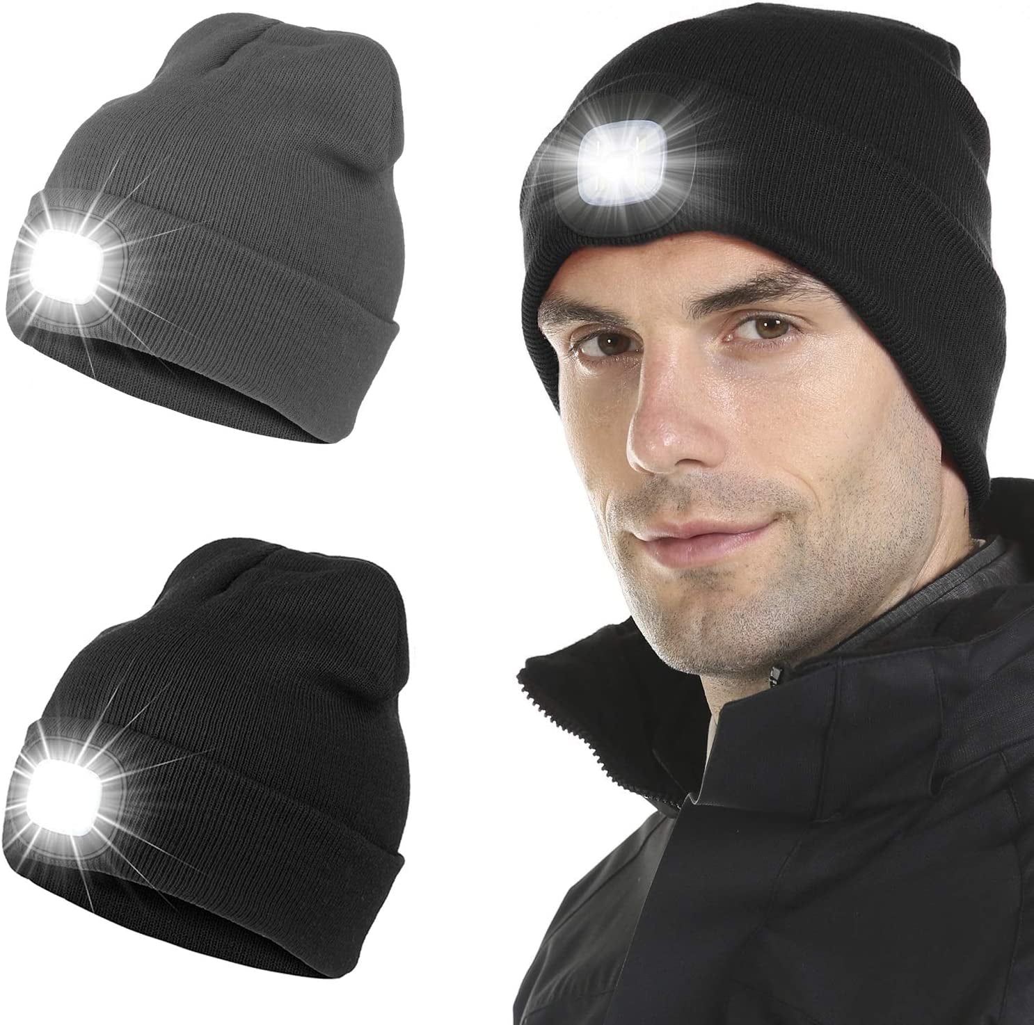 LED Beanie with Light 2-Pack, Rechargeable Lighted Cap Headlamp Hat,Led Hat with Flashlight,Gifts for Men Women