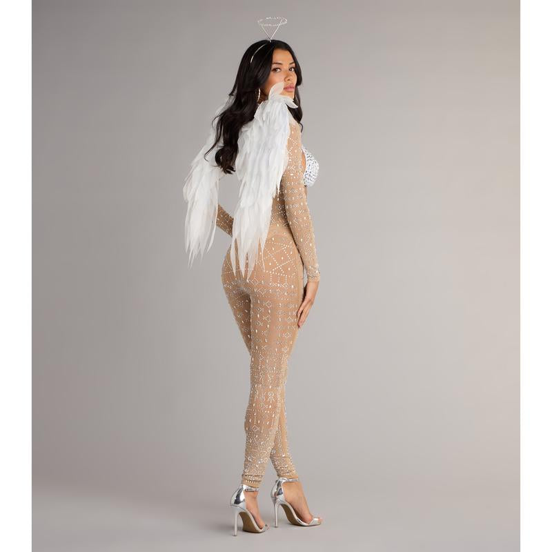 Iridescent Sparkle Rhinestone-Embellished Sheer Catsuit