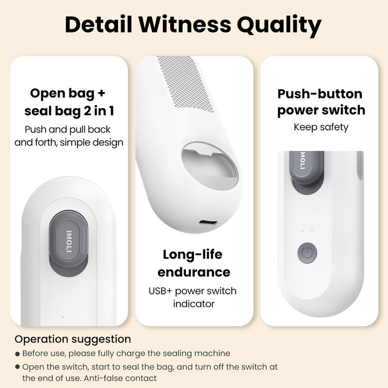 IMOLI New 4 in 1 Mini Sealing Machine Snack Bag , Portable Beer Bottle Opener & Built-In Cutter, USB Rechargeable Plastic Heat Sealer for Food & Snack Storage, Magnetic & Hanging Design, Plastic Bag Sealer, Home, Kitchen, Picnic, Camping