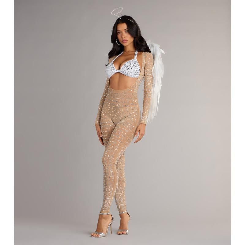 Iridescent Sparkle Rhinestone-Embellished Sheer Catsuit