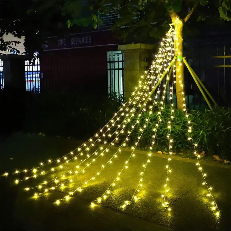 9X3.5M Christmas Decorations Star String Lights 350 LED Waterfall Tree Lights with Topper Star for Holiday Wedding Outdoor Decor