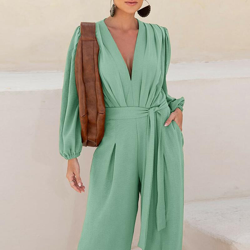 CHICME Puff Sleeve Plunge V Neck Waist Tied Detai Jumpsuit Casual Ruched Textured Loose Romper with Pockets