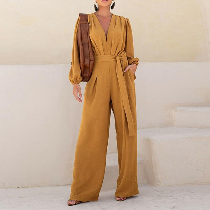 CHICME Puff Sleeve Plunge V Neck Waist Tied Detai Jumpsuit Casual Ruched Textured Loose Romper with Pockets