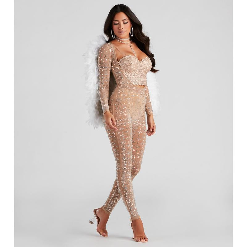 Iridescent Sparkle Rhinestone-Embellished Sheer Catsuit