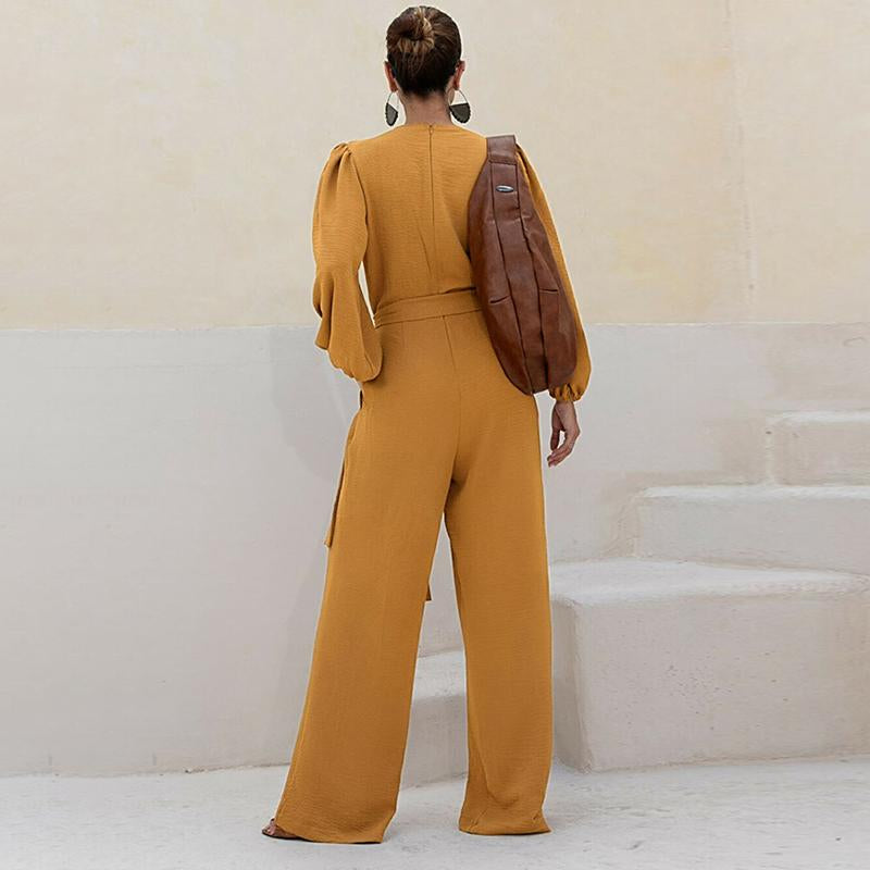 CHICME Puff Sleeve Plunge V Neck Waist Tied Detai Jumpsuit Casual Ruched Textured Loose Romper with Pockets
