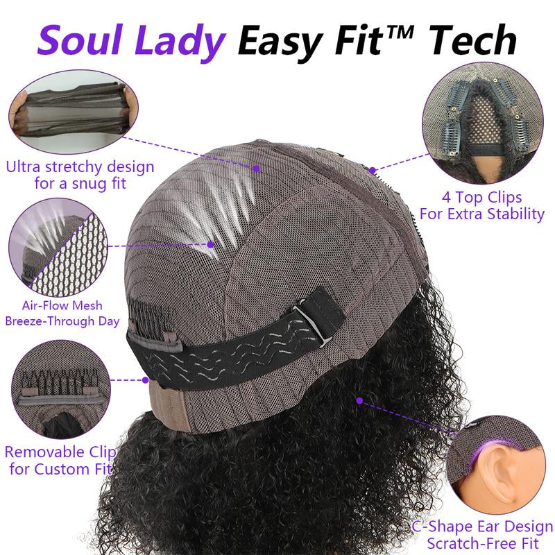 Soullady Afro Curly V Part Wig 3-IN-1 Easy Fit Wig Afro Kinky Human Hair Glueless Wigs Ready to Go Protective Style Half Wig for Women