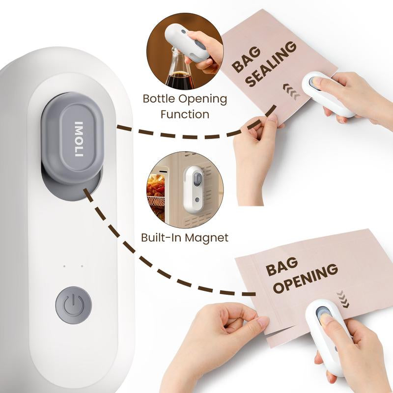 IMOLI New 4 in 1 Mini Sealing Machine Snack Bag , Portable Beer Bottle Opener & Built-In Cutter, USB Rechargeable Plastic Heat Sealer for Food & Snack Storage, Magnetic & Hanging Design, Plastic Bag Sealer, Home, Kitchen, Picnic, Camping