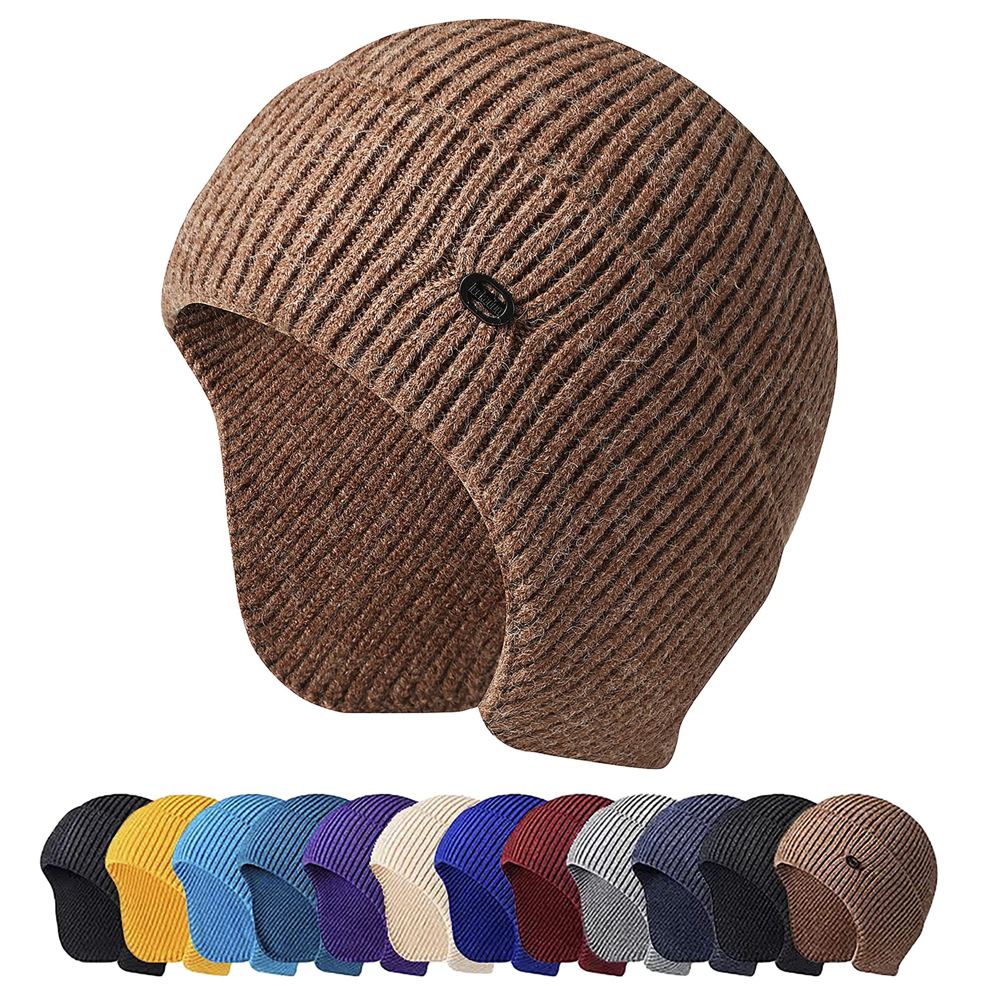 Men Women Knit Hat Winter Warm Stretch Beanie Ear Flaps Cap Outdoor Work Ski Skull Cap (Camel)