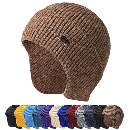 Men Women Knit Hat Winter Warm Stretch Beanie Ear Flaps Cap Outdoor Work Ski Skull Cap (Camel)