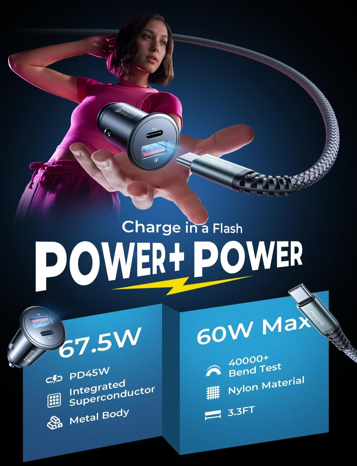 67.5W Car Charger USB C Fast Charging Iphone 16 15 Pro Max Air, PD 45W All Metal Dual Port Cigarette Lighter Adapter for 17 Pro Max Iphone 16 15 Air Pixel 10, Samsung Galaxy S25 Android, Black