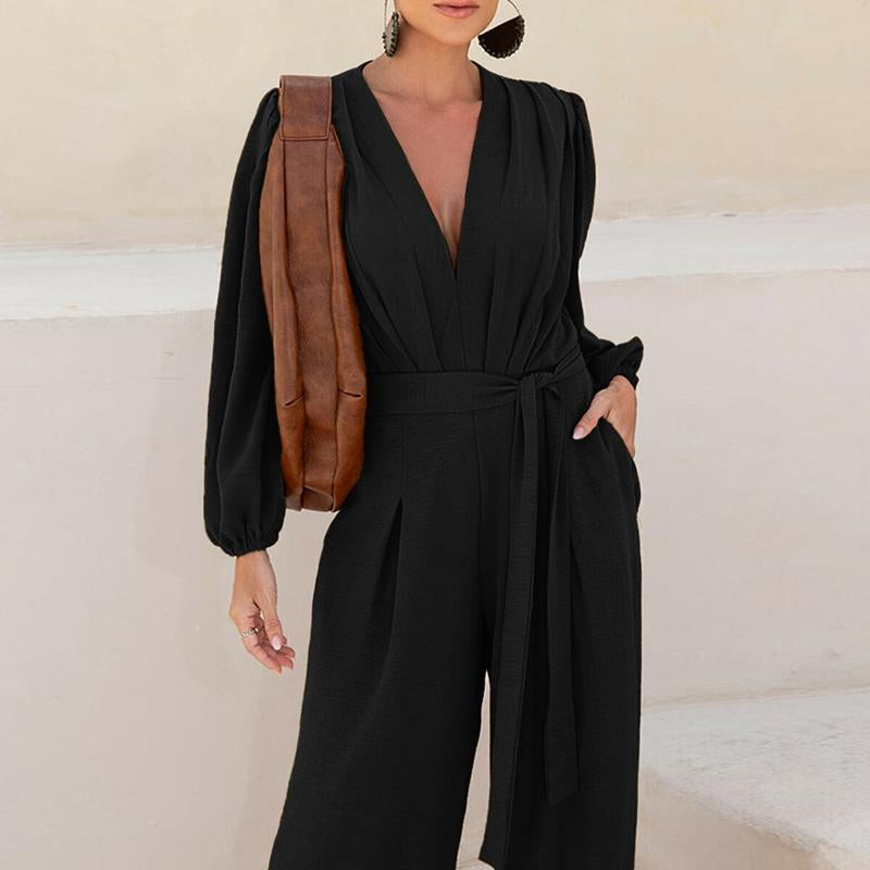 CHICME Puff Sleeve Plunge V Neck Waist Tied Detai Jumpsuit Casual Ruched Textured Loose Romper with Pockets