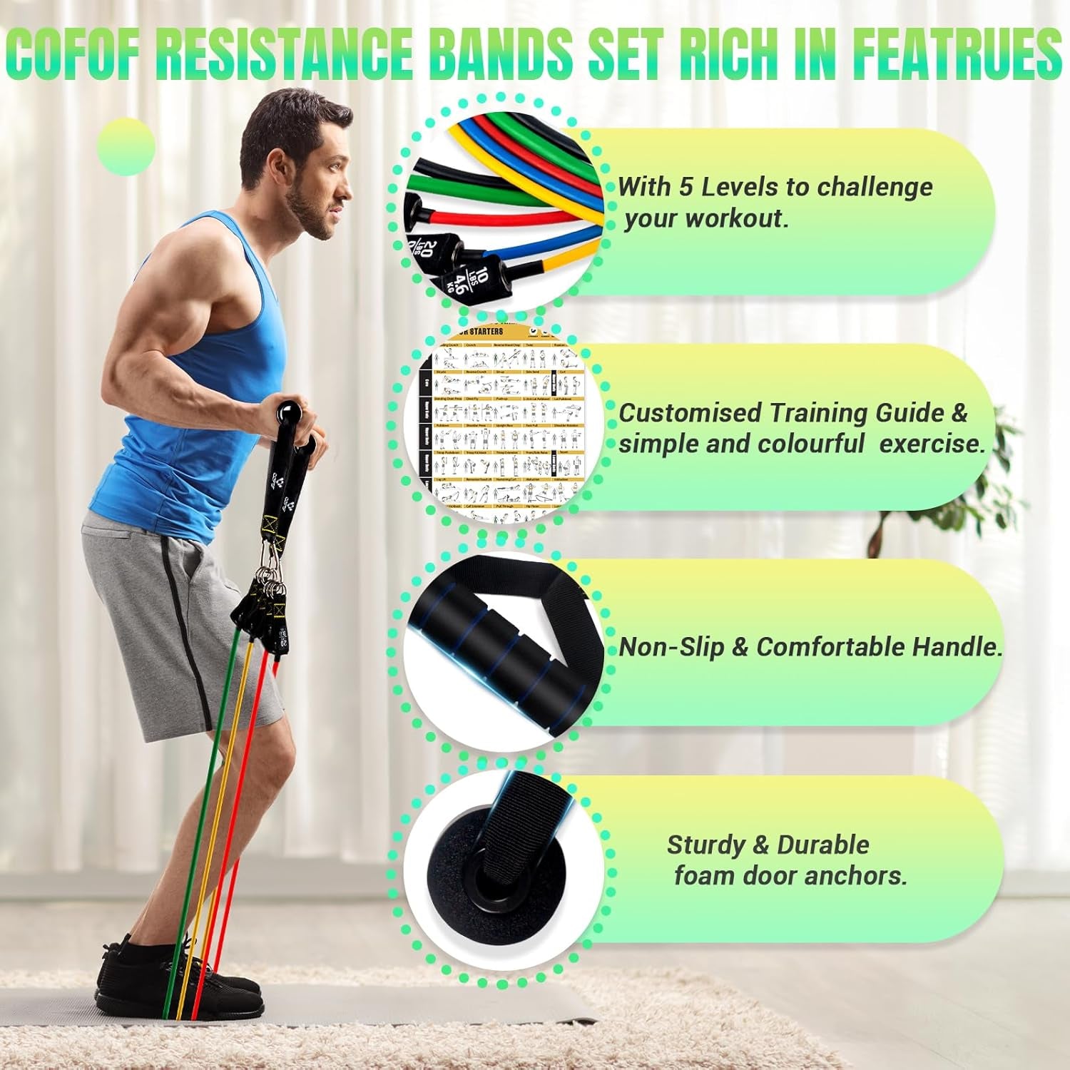 Resistance Bands Set with Yellow Handles, Exercise/Workout/Fitness Bands with Door Anchor, Legs Ankle Straps for Resistance Training,Physical Therapy,Home Gym Workout
