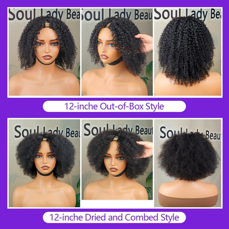 Soullady Afro Curly V Part Wig 3-IN-1 Easy Fit Wig Afro Kinky Human Hair Glueless Wigs Ready to Go Protective Style Half Wig for Women