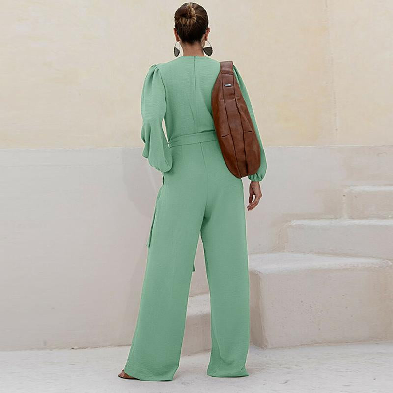 CHICME Puff Sleeve Plunge V Neck Waist Tied Detai Jumpsuit Casual Ruched Textured Loose Romper with Pockets