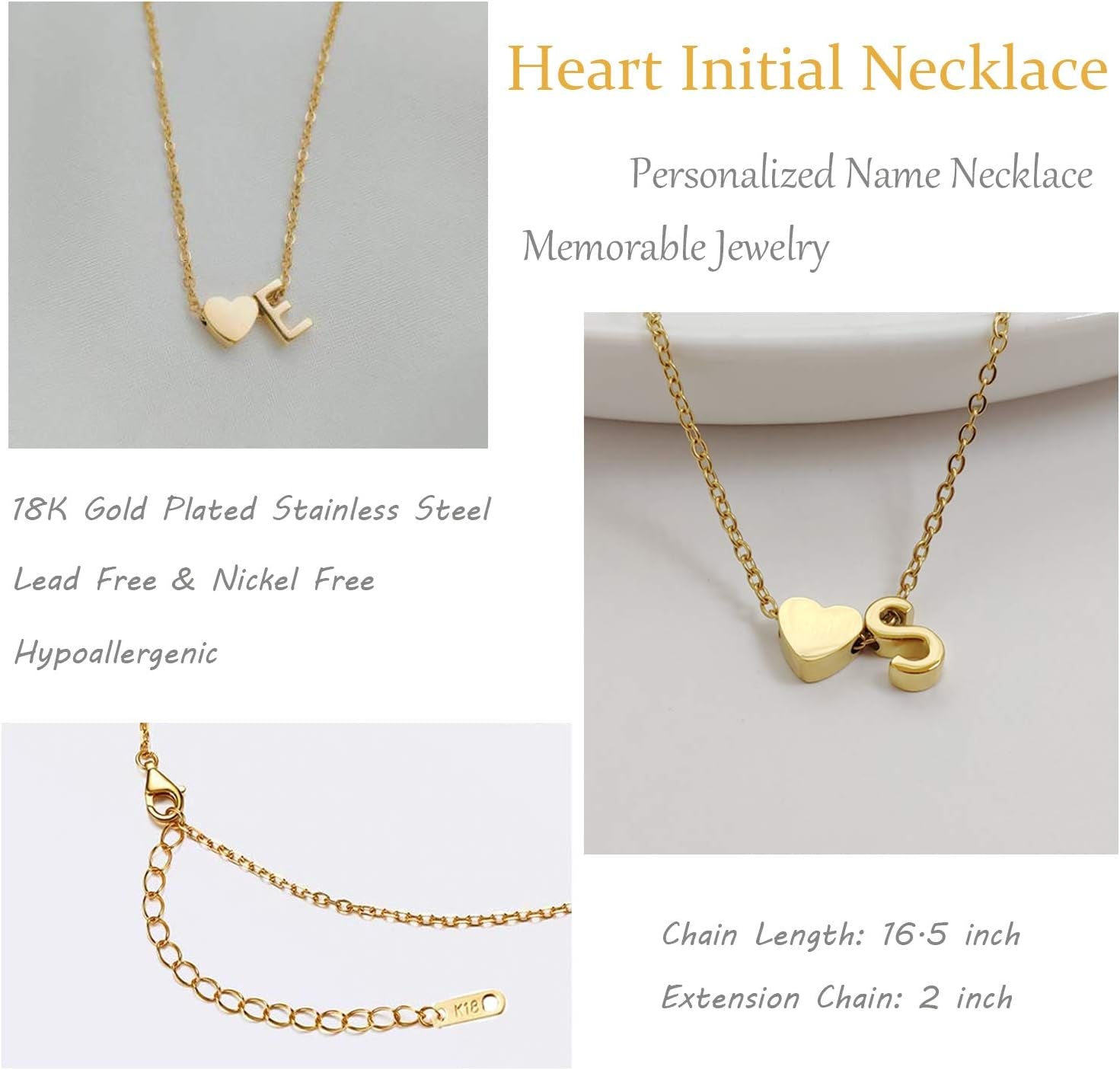 Initial Heart Necklace 18K Gold Plated Stainless Steel Tiny Heart Letter Necklace Personalized Monogram Name Necklace for Women