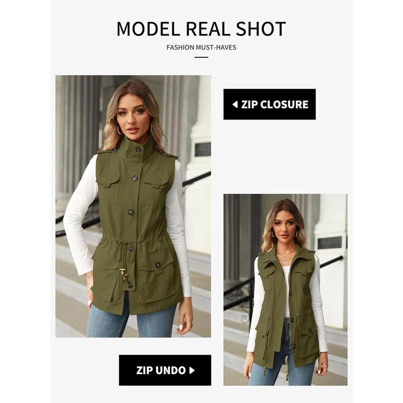 Imily Bela Women'S Casual Military Utility Vest Lightweight Sleeveless Drawstring Jackets with Pockets