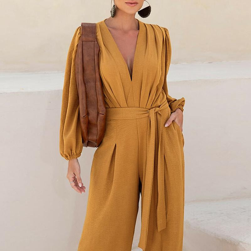CHICME Puff Sleeve Plunge V Neck Waist Tied Detai Jumpsuit Casual Ruched Textured Loose Romper with Pockets