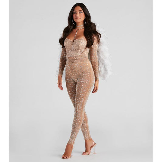 Iridescent Sparkle Rhinestone-Embellished Sheer Catsuit