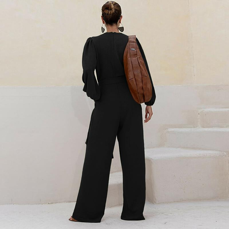 CHICME Puff Sleeve Plunge V Neck Waist Tied Detai Jumpsuit Casual Ruched Textured Loose Romper with Pockets