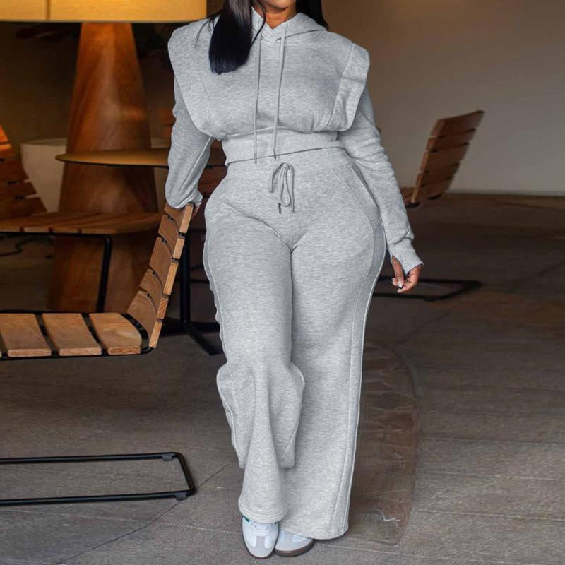 CHICME Hooded Long Sleeve Sweatshirt and Casual Wide Leg Sweatpants Set