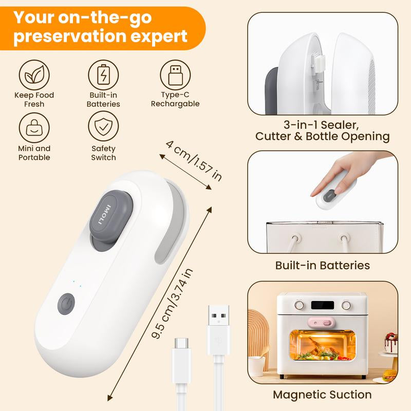 IMOLI New 4 in 1 Mini Sealing Machine Snack Bag , Portable Beer Bottle Opener & Built-In Cutter, USB Rechargeable Plastic Heat Sealer for Food & Snack Storage, Magnetic & Hanging Design, Plastic Bag Sealer, Home, Kitchen, Picnic, Camping