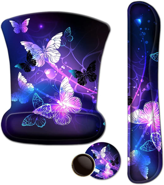 Mouse Pad with Wrist Support and Keyboard Wrist Rest Pad Set,Ergonomic Mouse Pads for Computers Laptop,Non-Slip Comfortable Mousepad W/Raised Memory Foam for Easy Typing & Pain Relief (Arts Butterfly)