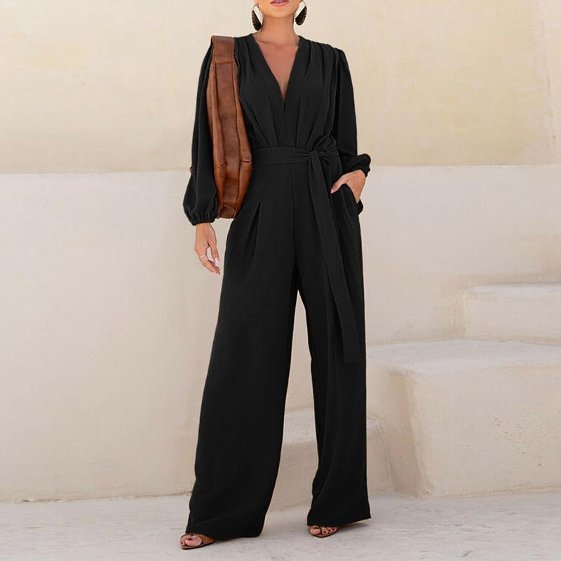 CHICME Puff Sleeve Plunge V Neck Waist Tied Detai Jumpsuit Casual Ruched Textured Loose Romper with Pockets
