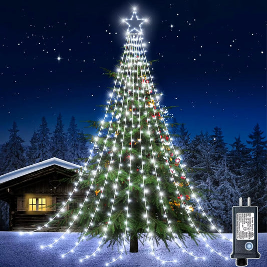 9X3.5M Christmas Decorations Star String Lights 350 LED Waterfall Tree Lights with Topper Star for Holiday Wedding Outdoor Decor