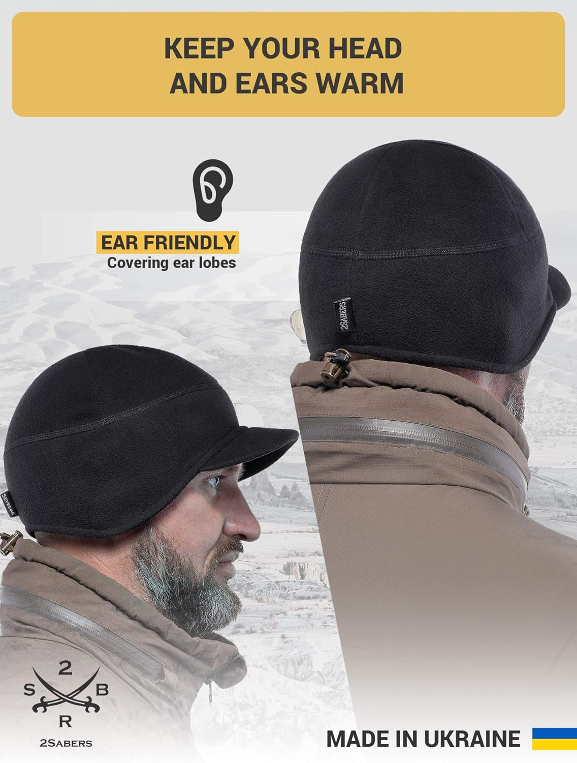 Fleece Winter Beanie with Visor - Men Women - Earflap Brim Skull Watch Cap Hat