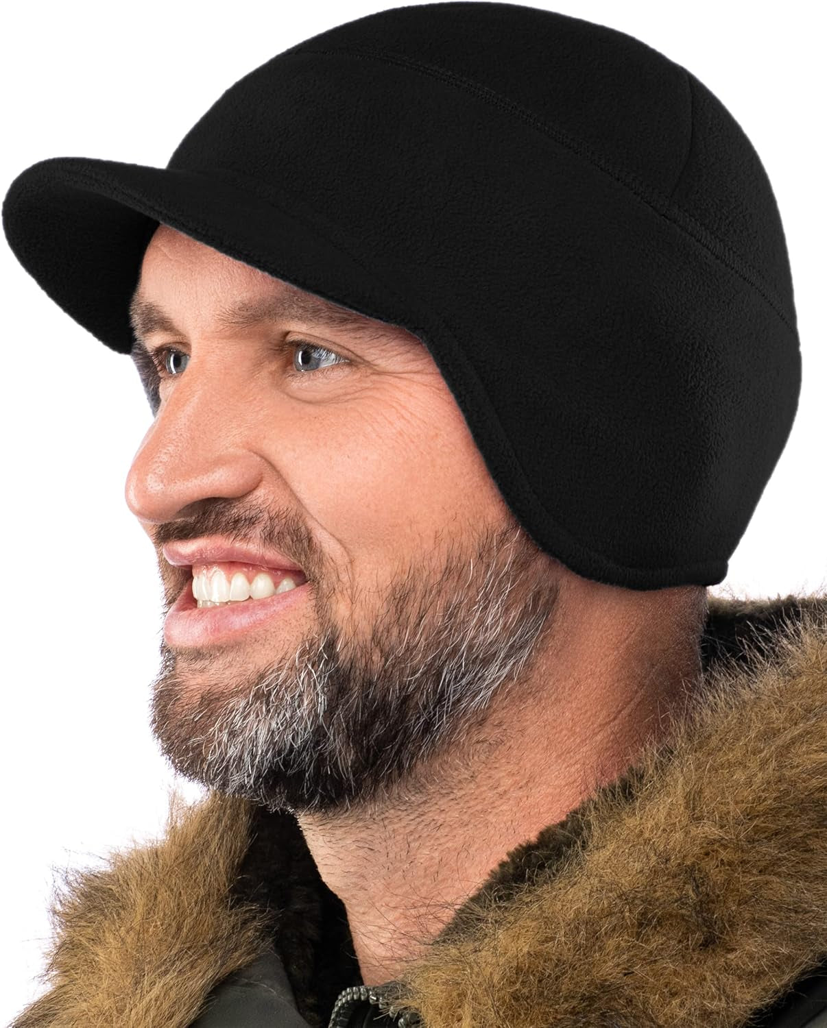 Fleece Winter Beanie with Visor - Men Women - Earflap Brim Skull Watch Cap Hat